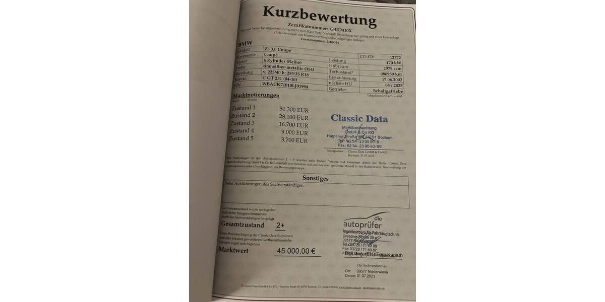 BMW Z3 Coupe 88.000 km 36.000 &euro; Zwickau 08056